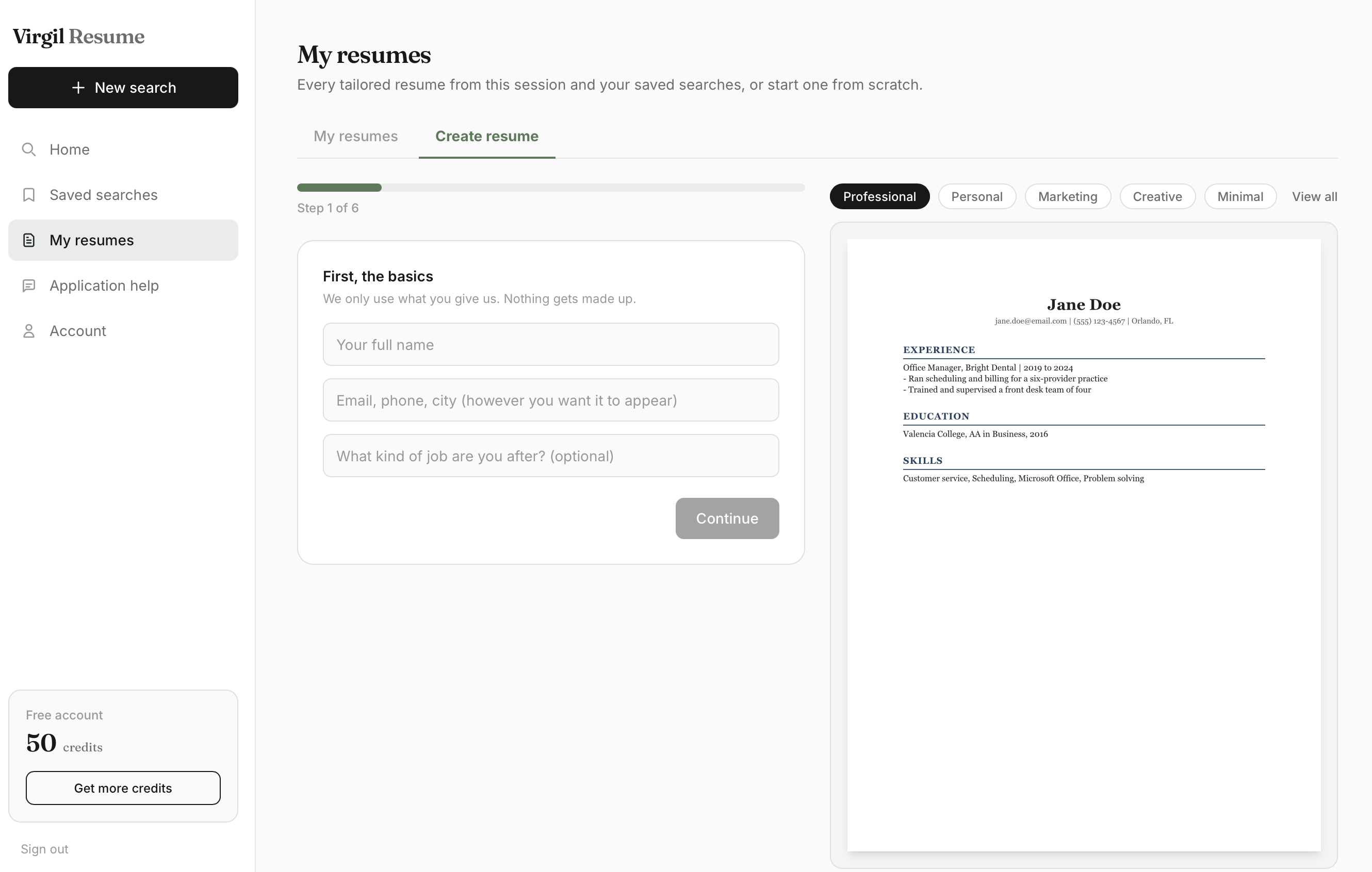 The Create Resume wizard: a six-step form on the left with a live resume preview on the right